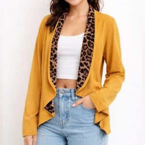 Hesed Mustard Yellow Brown Leopard Trim Open Front Cardigan Blazer Size S